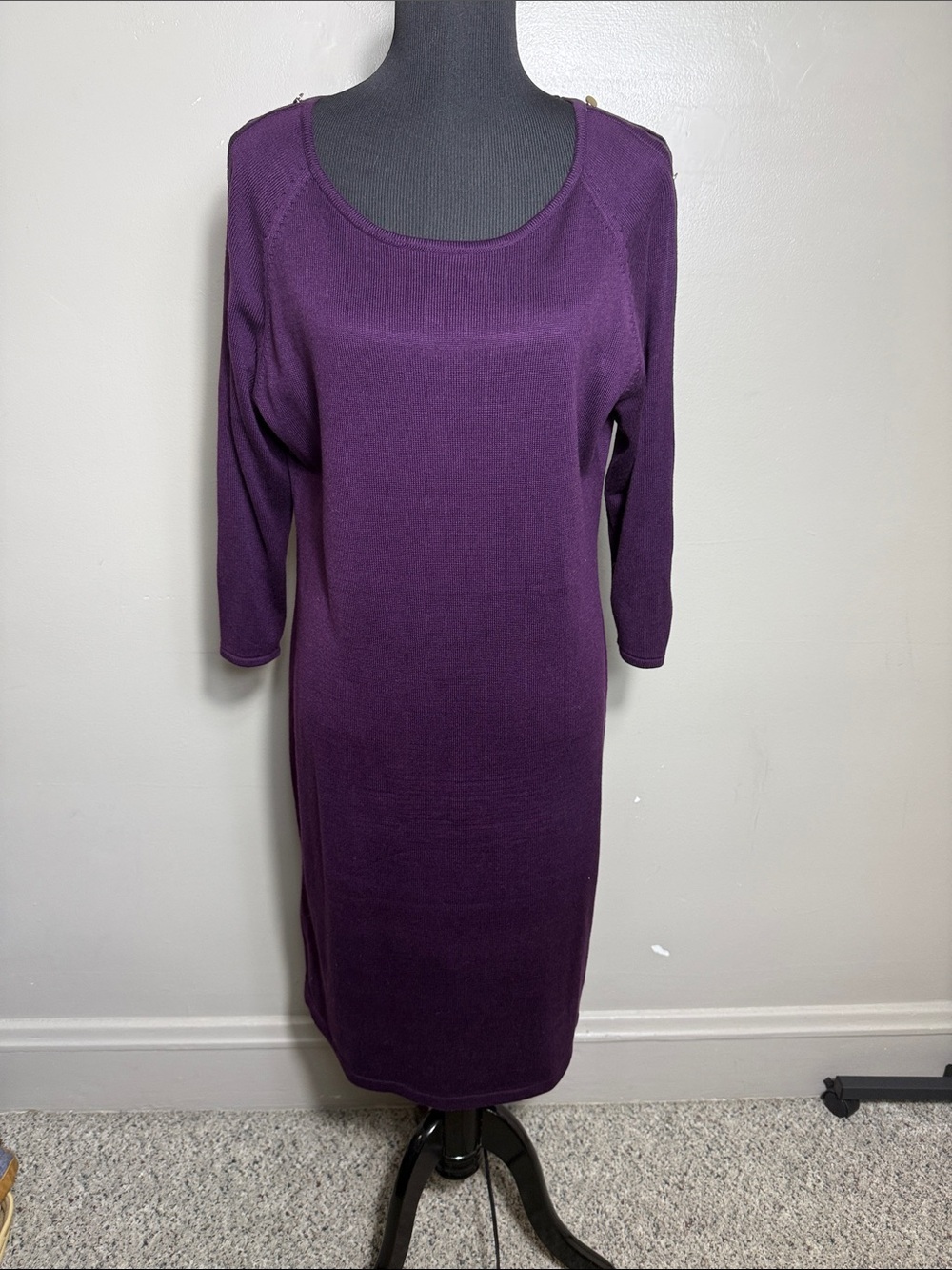 Calvin Klein Purple Scoop Neck Sweater Knit Dress w Button Slit Sleeves Sz XL